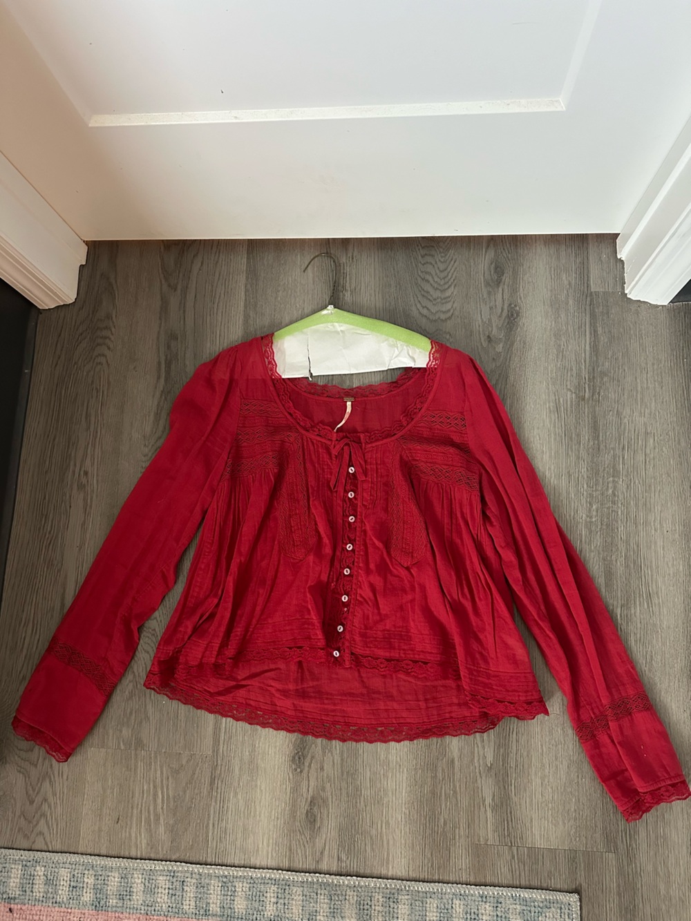 Free People Red Lace-Trim Button Front Blouse